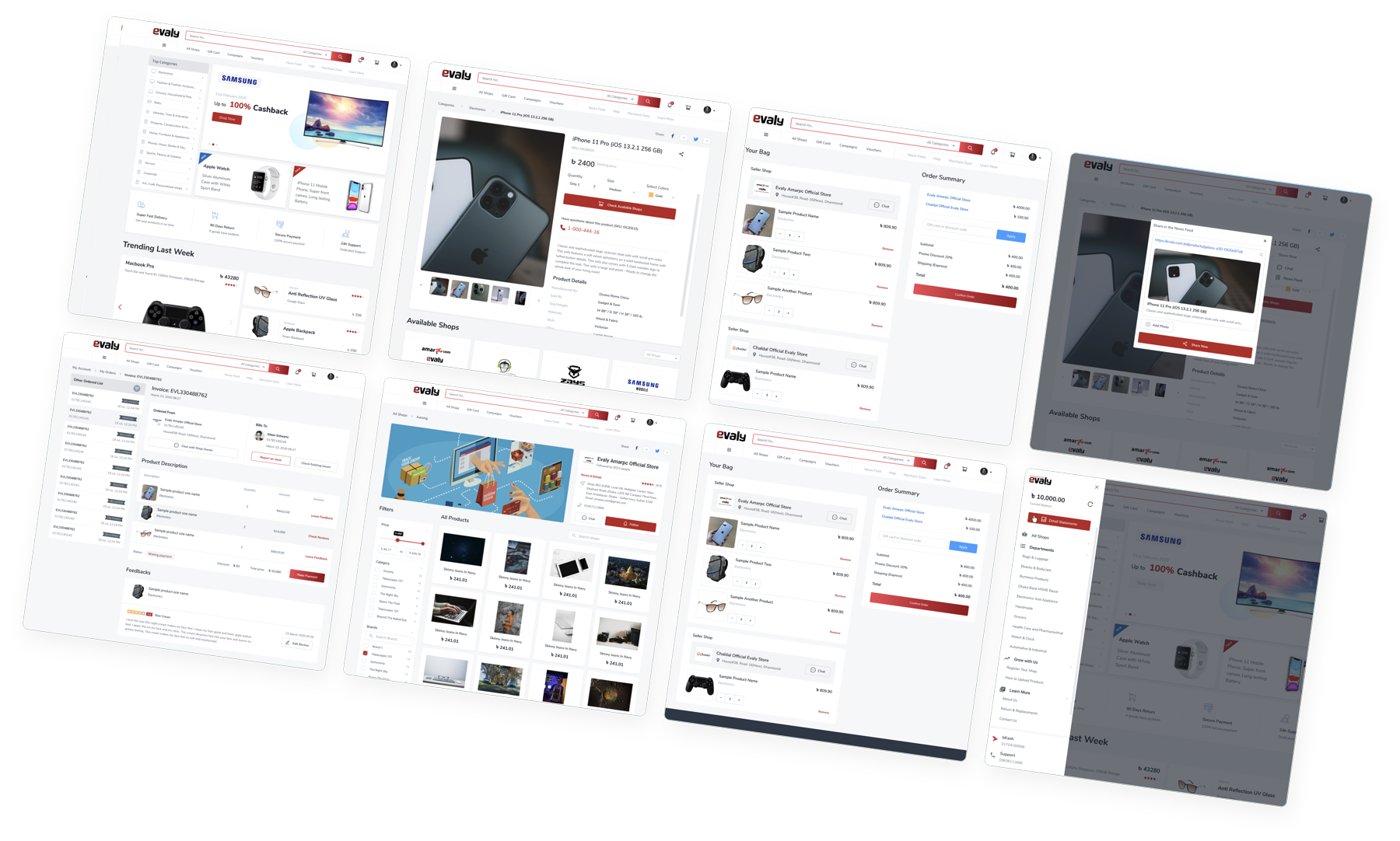 Evaly — all redesigned screens across homepage, product listing, product detail, search results, and checkout flows shown on tablet mockups